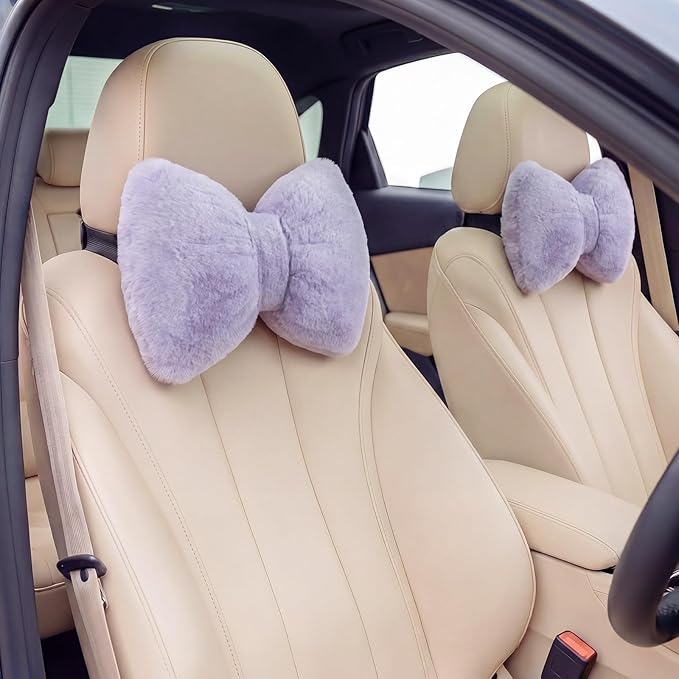 Macarrie 2 Pcs Car Neck Pillow Velvet Bow Headrest Pillow Soft Comfortable Seat Neck Support Cute Bow Car Accessories for Driving Travel Driver Chair Girl Style Interior Decor(Solid,Purple)