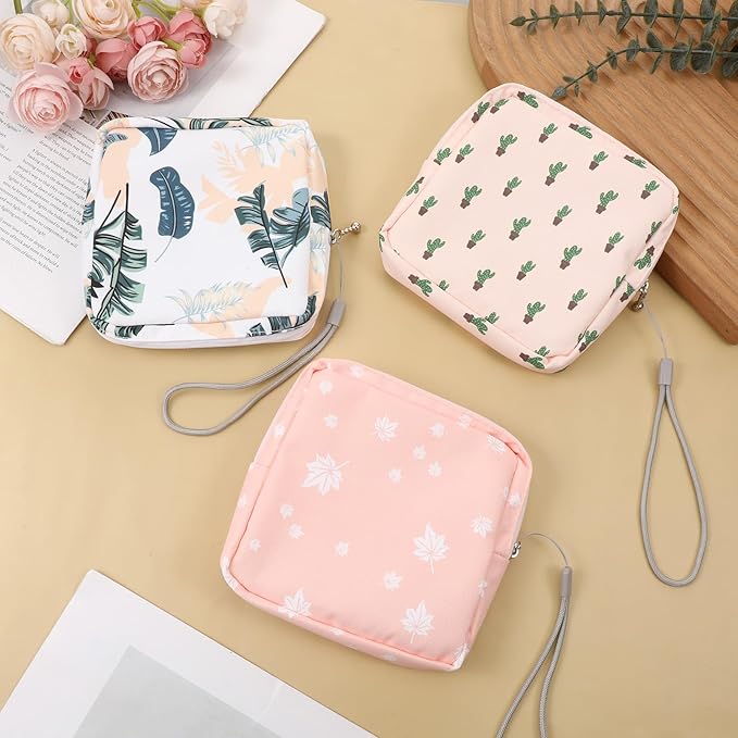 3 Pack Reusable Sanitary Napkin Storage Bags, Period Pouch for Women with Hanging Rope, Portable Travel Organizer for Purse Office Daily Use, Compact Menstrual Pad Holder (3 Colors)