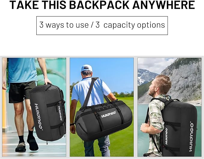 Hulongo 40L/60L/90L Large Waterproof Duffle Bag Backpack for Men, Mens Duffel Backpack Bags for Traveling, Heavy Duty (Black, 40L)