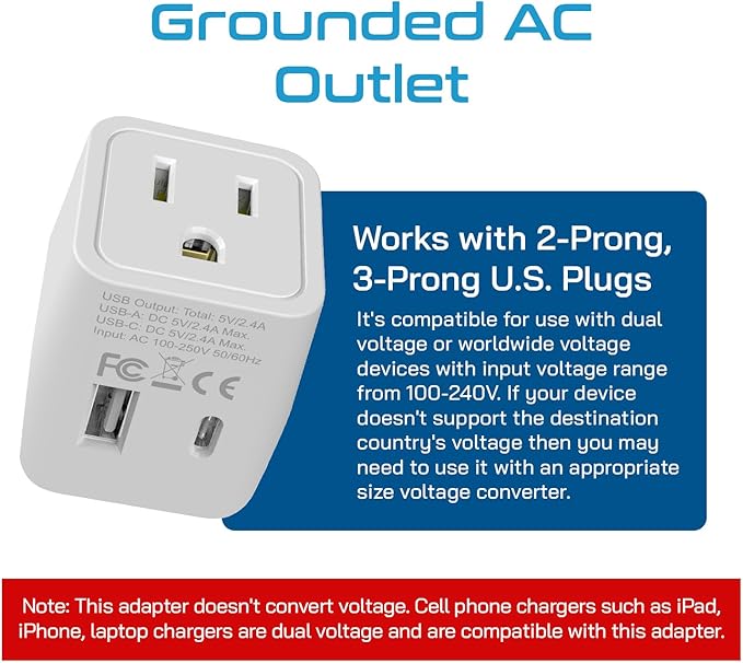 Ceptics Japan, Philippines Travel Adapter Plug with USB-A + USB-C - Usa Input - Type A - Ultra Compact (CTU-6) - Perfect for Cell Phones, Laptops, Camera Chargers