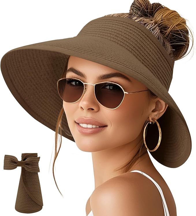 NPQQUAN Sun Visor Hats for Women Wide Brim Ponytail Straw Beach Hat Packable Foldable UPF 50+ Floppy Travel Hats