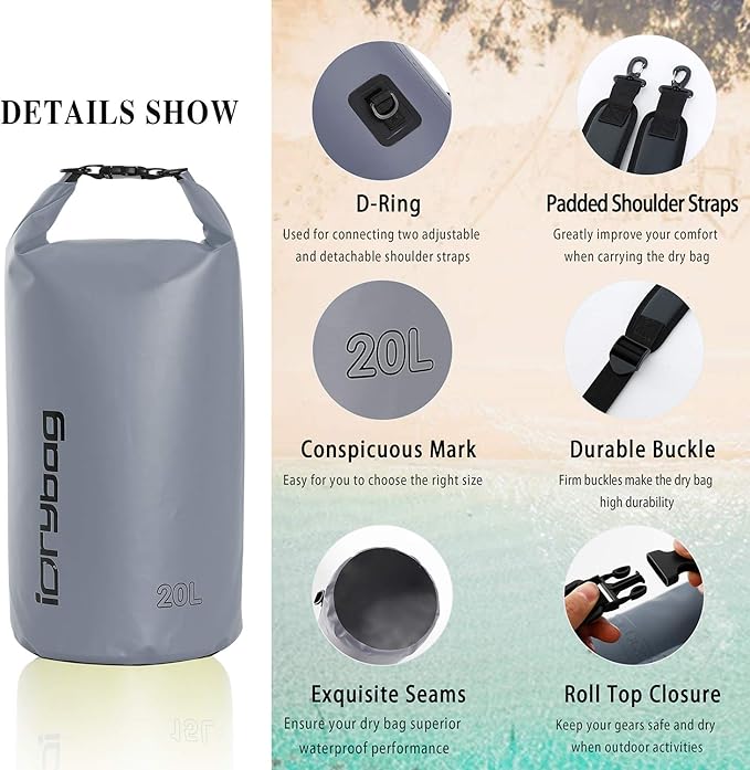 IDRYBAG Dry Bag for Kayaking Waterproof 2L/5L/10L/15L/20L, Small Dry Sack Waterproof Bag for Boating