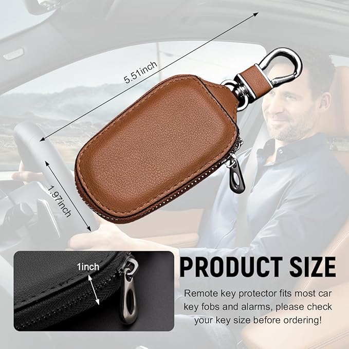 Yourkar 2 PCS Car Key Case, Genuine Leather Auto Key Fob Storage Bag, Key Chain Holder Key Ring Zipper Bag, Car Accessories (Brown)