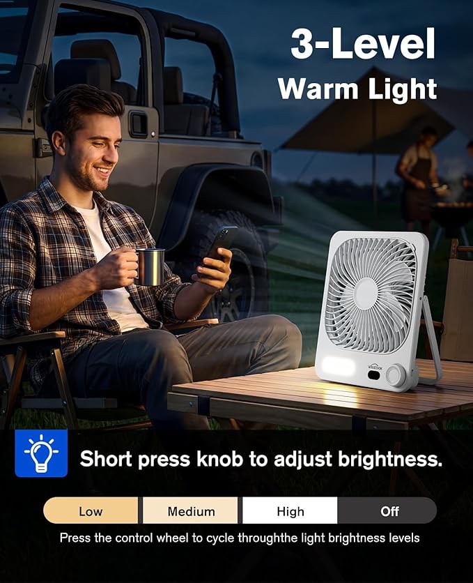 WHATOOK Small Desk Fan Rechargeable - 10000mAh Battery Operated Portable Fan with 100 Speeds & Night Light, Ultra Quiet Personal Desktop Fan for Bedroom, Office, Camping & RV Tent (White)