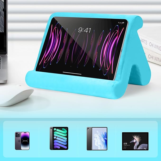 Universal Multi-Angle Tablet Stand Holder-Soft Pad Stand with black phone holder for Lap,Knee,Sofa and Bed,Compatible with iPad Pro 9.7,10.5,12.9 Air Mini 4 3,Kindle,Galaxy Tab,E-Reader (Light Blue)