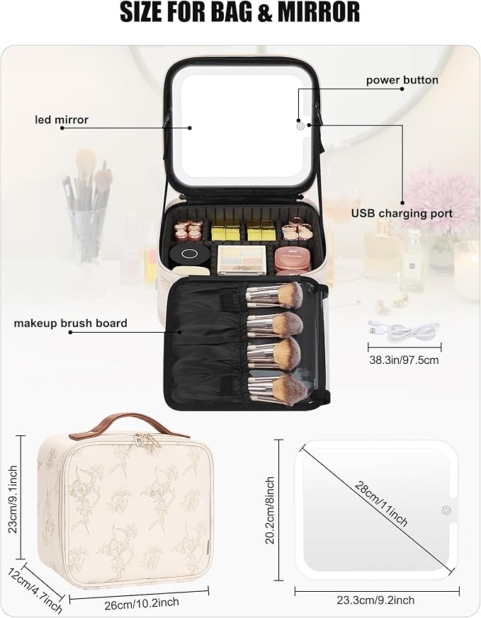 Relavel Travel Makeup Bag With LED Mirror, Portable Cosmetic Organizer Bag with Adjustable Brightness in 3 Color Scenarios, Small Train Case with Detachable Dividers for Trip- Lily Flower