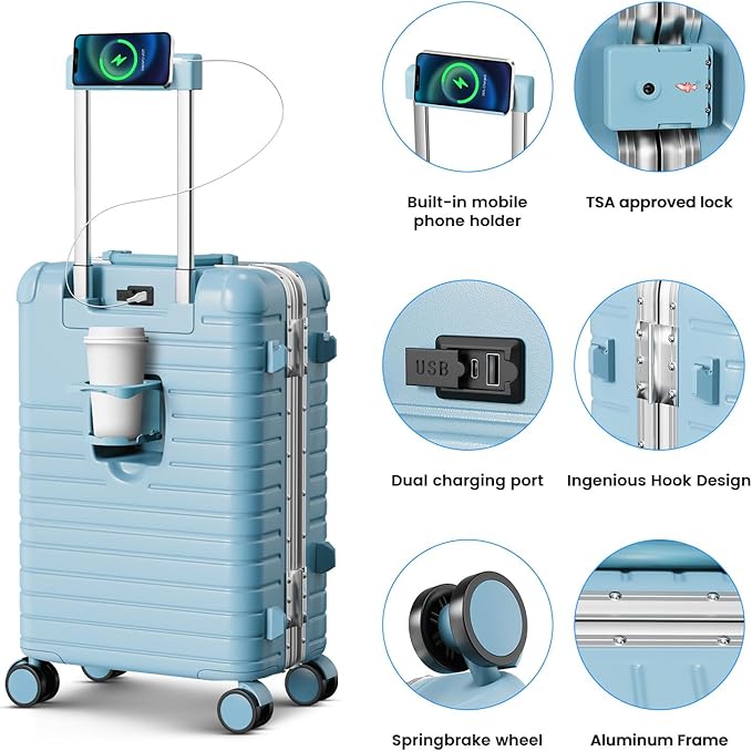 24 Inch Checked Luggage with Cup Holder, Aluminum Frame PC Hard Shell Suitcase, 360° Spinner Wheels, TSA Lock for Short Trips and Business Travel