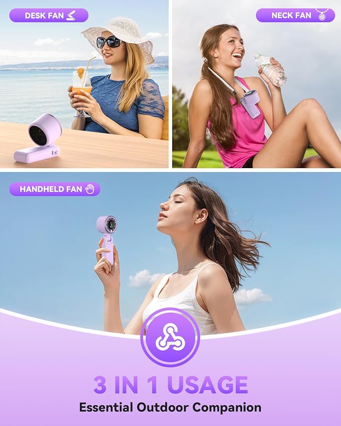 PlayHot Portable Handheld Turbo Fan, 5-Speed Personal Fan, USB-C Rechargeable Fan Up to 12 Hours, 3 IN 1 Hand Fan with Air Turbo Tech Cooling, Travel Fan for Cruise, Beach, Gifts for Women(Purple)