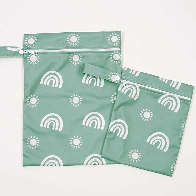2 Pcs Wet Bags Waterproof Reusable Zippered Pocket Cloth Diaper Wet Dry Bags for Travel Beach Pool Swim, Baby Diapers,Gym Yoga Wet Clothes,Swimsuit,water wipes(Rainbow Green)