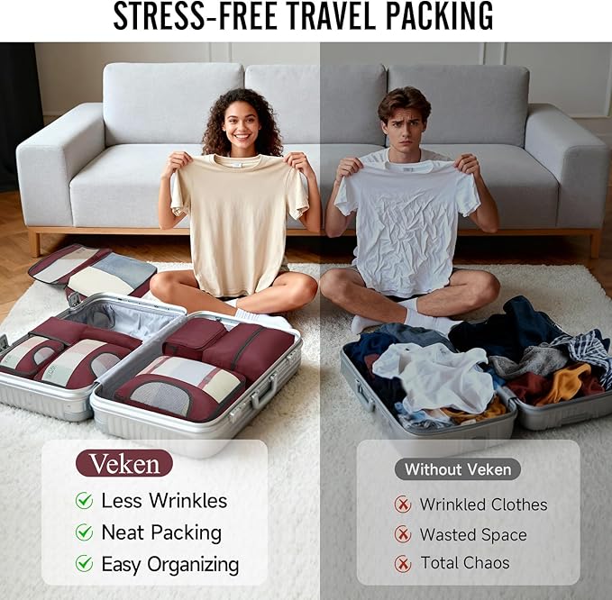 Veken 8 Set Packing Cubes for Travel Essentials,Anti-Wrinkle Buckled Suitcase Organizer for Shoe & Toiletry Bag,Carry On Luggage Bag for Airplane & College Dorm Room Accessories,Women Men Gifts,Wine
