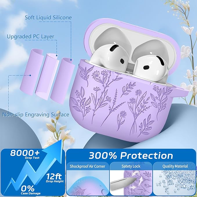 for Airpods 4 Case, Ekoonpft Flower Engraved Cases for Apple AirPods 4th Generation 2024, Soft Silicone Cover for Women Girly with 3-in-1 Cleaner Kit, Keychain, Military Grade Protection