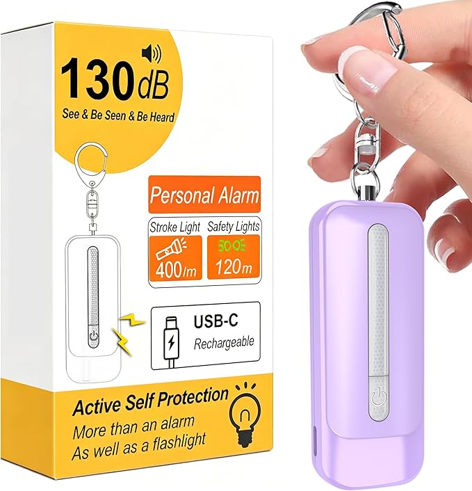 Personal Alarm for Women, Rechargeable with Safety Lights & Low Battery Notice, 130dB Siren with Extra Bright LED Flashlight Strobe Light for Emergency, Dual Light Sources Safety Keychain