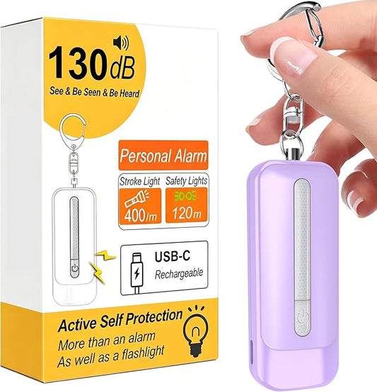 Personal Alarm for Women, Rechargeable with Safety Lights & Low Battery Notice, 130dB Siren with Extra Bright LED Flashlight Strobe Light for Emergency, Dual Light Sources Safety Keychain