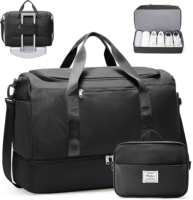 Large Travel Duffle Bag with Shoe Compartment, XL Weekender Bags for Women, Carry On Overnight Bags for Gym Sports & Business Trips, Water-Resistant Hospital Bag for Labor and Delivery,Black