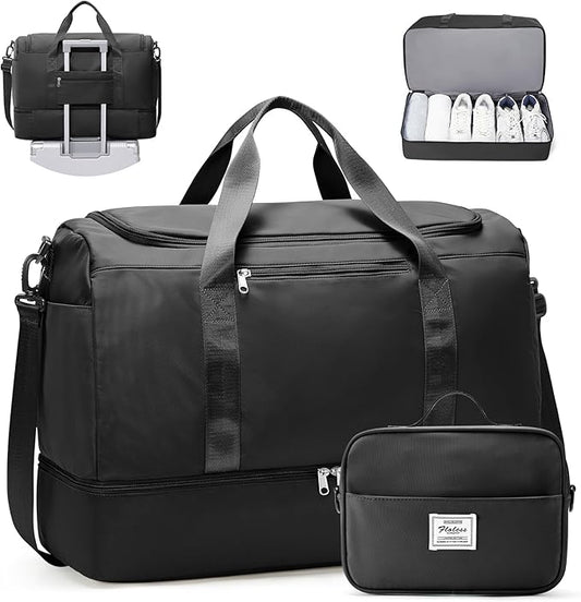 Large Travel Duffle Bag with Shoe Compartment, XL Weekender Bags for Women, Carry On Overnight Bags for Gym Sports & Business Trips, Water-Resistant Hospital Bag for Labor and Delivery,Black