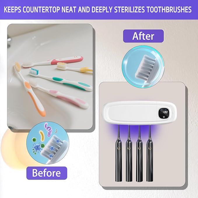 Wall Mounted Toothbrush Holders for Bathrooms, 4 Slots UV Toothbrush Sanitizer and Holder with Air Drying 3000mAh Rechargeable Cordless UV Toothbrush Cleaner with Timer Function & No Drilling (White)
