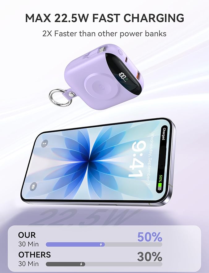 citicr Portable Charger, 10000mAh 22.5W Fast Charging Power Bank with Built-in Cables, Travel Battery Pack with LED Display for iPhone, Portable iWatch Charger for 11/10/9/8/7/6/5/SE/Ultra Purple