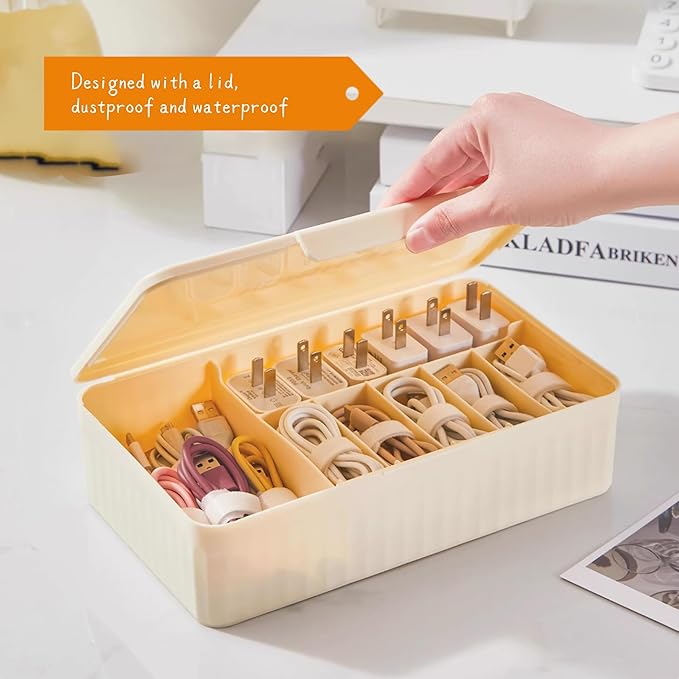 Cable Organizer Box Extra Wide, Travel Charger Cord Earphone Storage Case with Lid (Cream Yellow)