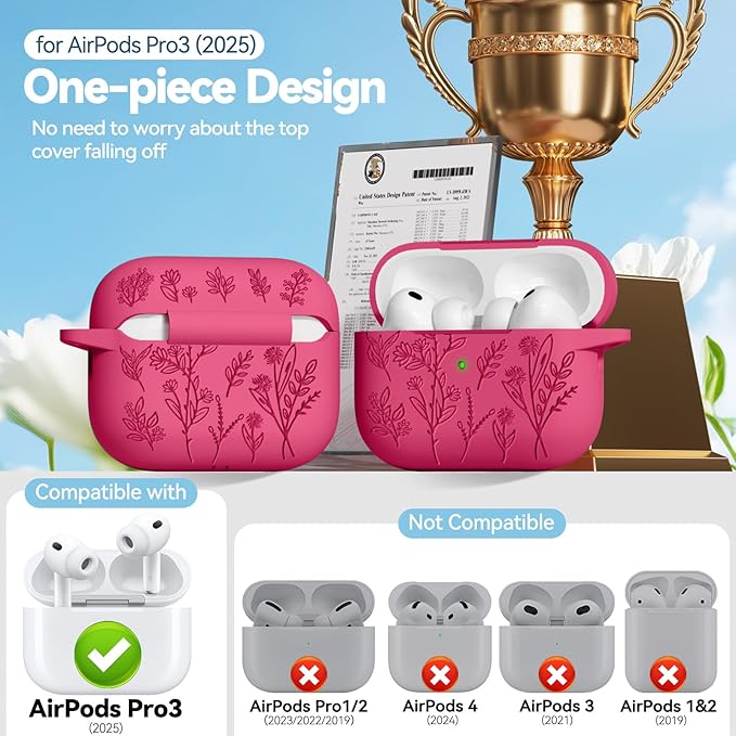 for Airpods Pro 3 Case, Flower Engraved Cases for Apple AirPods Pro 3rd Generation 2025, Soft Silicone Cover for Men Women Girly with Cleaning Kit & Keychain, Anti-Scratch, Shockproof