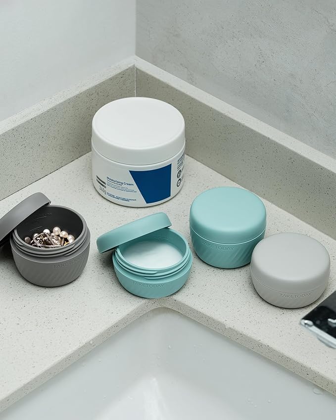 TakeToday Travel Containers for Toiletries, Leak-Proof, TSA Approved, Refillable Silicone Cylindrical Cream Jars with Lid for Cosmetic Toiletry, 2oz, 4 Pack, Grey