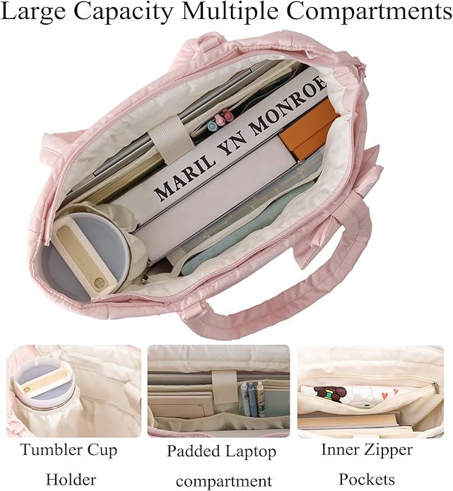 Puffer Tote Bag for Women, Quilted Bow Tote Bag with Cup Holder & 15.6 In Laptop Compartment for Work, Travel, Gym, College