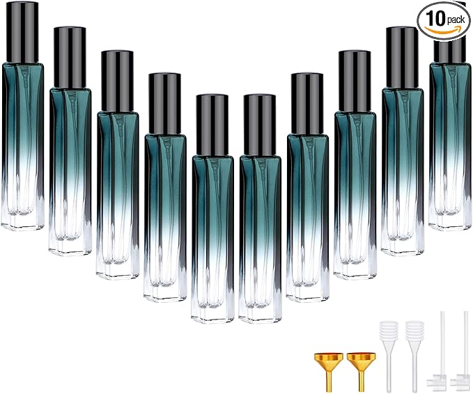 Segbeauty 10pcs 0.34oz Green Glass Perfume Bottle Set, 10ML Perfume Travel Refillable, Empty Cologne Atomizer Sprayer for Cologne Dispenser, Travel Sample Bottles Fragrance Making Kit Refill Tool