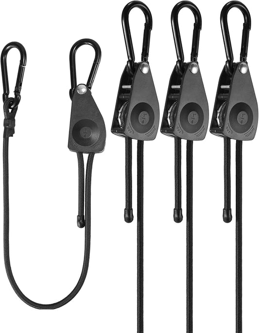 24" Heavy Duty Adjustable Carabiner Bungee Cord with Hooks, Easy to Adjust from 7" to 24", Black Ratchet Bungee Straps with Iron Carabiners & Superior Elasticity for Cargo, Luggage, Carts, etc (4 Pcs)