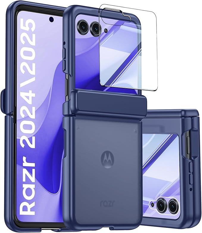 for Motorola Razr 2025 Case/Razr 2024 Case with Hinge Protection, Screen Protector, Ultra-Thin Skin Feel Translucent Frosted, Shockproof Cover for Razr 2025/2024-Blue (NOT for Plus/Ultra)