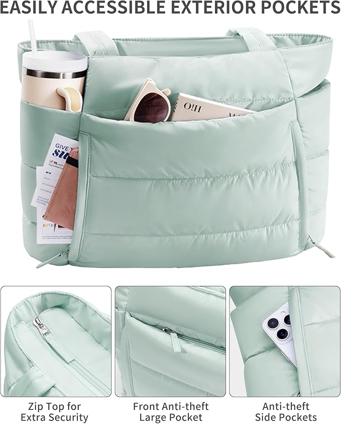 Bagstellar Puffer Tote Bag for Women, Lightweight Puffy Work Handbag Teacher Nurse Quilted Shoulder Bag for School Travel Gym | Cloud Bag w/ Zipper