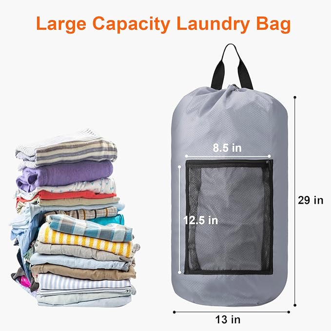 Laundry Bag Backpack Durable Laundry Bag with Shoulder Straps and Mesh Pockets Portable Laundry Hamper Dirty Clothes Bag for College, Travel, Laundromat, Apartment (Gray)