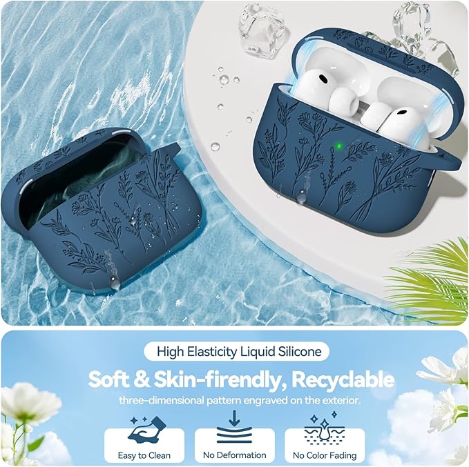 for Airpods Pro 3 Case with Magnetic Lid, Flower Engraved Cases for Apple AirPods Pro 3rd Generation 2025, Soft Silicone Cover for Women Girly with Cleaner & Keychain, Shockproof