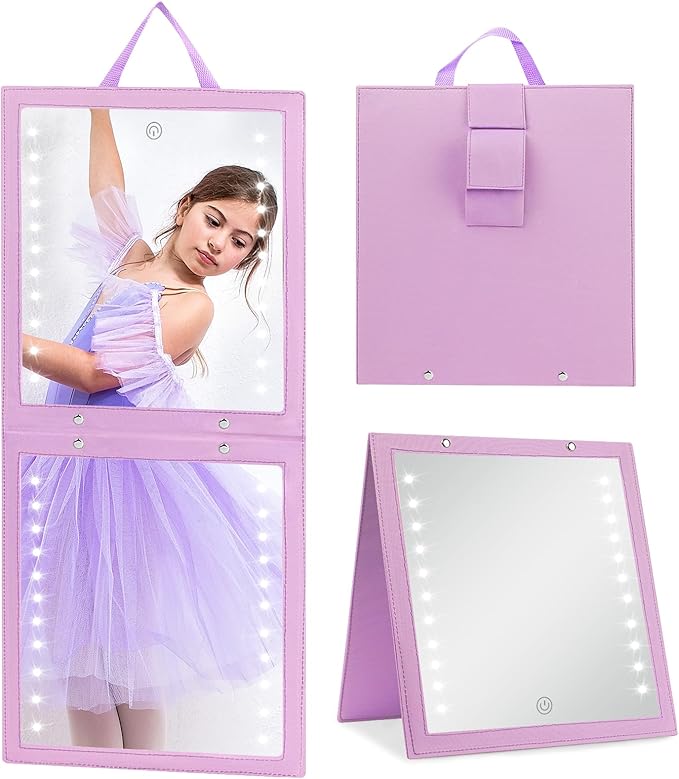 Fabuday Lighted Hanging Mirror for Dance Backstage - Rechargeable Folding LED Full Length Mirror with Lights for Dancers, Portable Foldable Travel Body Mirrors, Brightness Adjustable, Purple