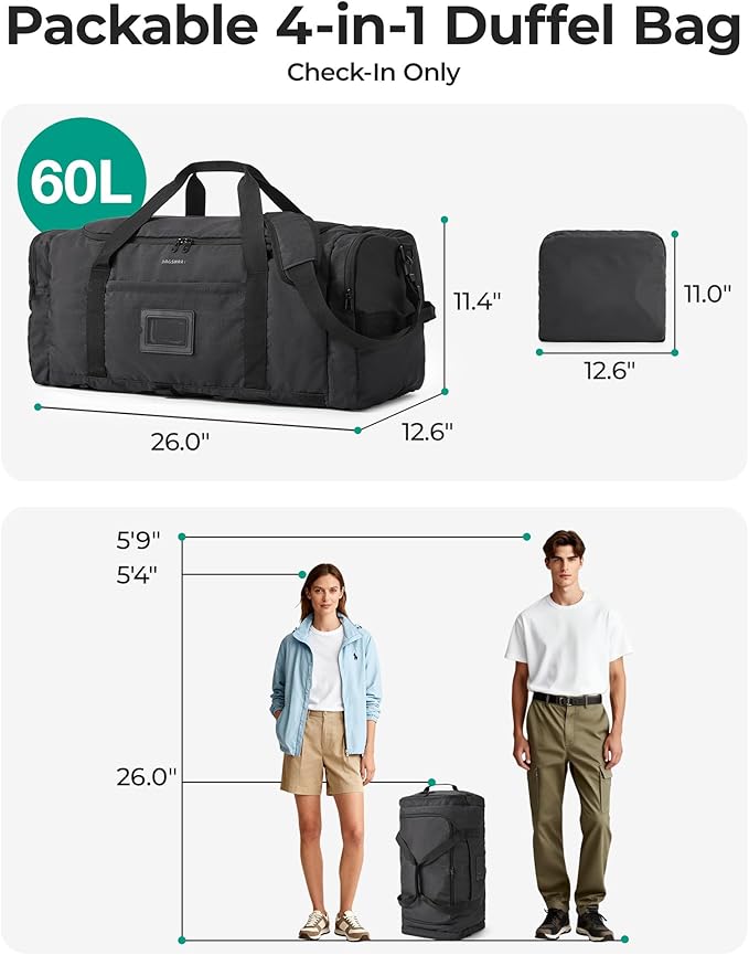BAGSAMRT 60L Foldable Duffle Bag for Travel, Large Travel Duffel Bag for Men, 4 in 1 Travel Backpack, Carry on Weekender Bag, Army Green
