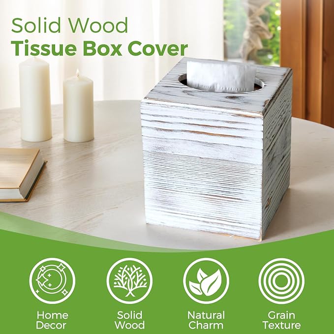 S310 Wood Tissue Box Cover, Rustic Square Tissue Box Holder with Slide-Out Bottom, Wooden Cube Tissue Covers Tissue Holders for Bathrooms Office Kitchen, White