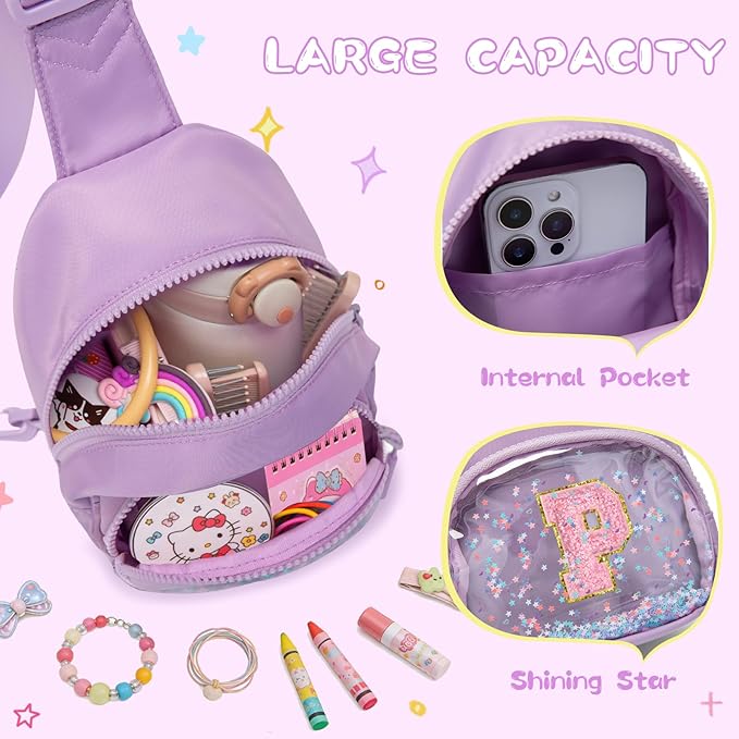 Viverte Birthday Gifts for Girls Small Clear Initial Sling Bag Crossbody Bag Purse Fanny Packs Personalized Monogrammed Gifts for Girls for Travel (Lavender-P)