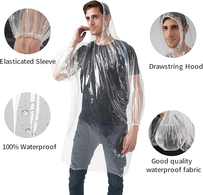 Disposable Clear Rain Ponchos for Adults with Hood bulk,travel poncho rain coats for emergency,pocket poncho adult compact for women men (5 pack)