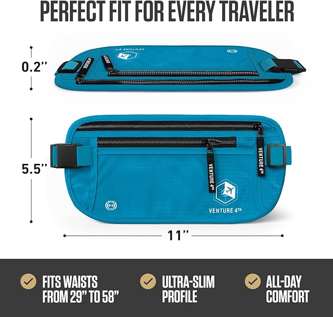 VENTURE 4TH Money Belt for Travel – Slim Hidden Under-Clothes RFID Blocking Anti-Theft Passport Holder & Travel Wallet Pouch for Men & Women to Protect Cash, Cards & Documents (Blue)