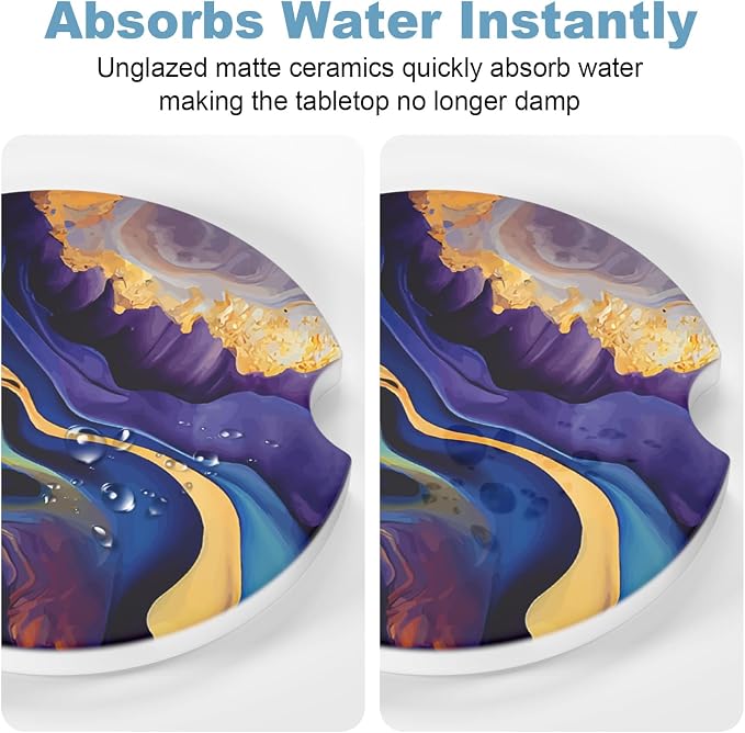 2 Pack Car Cup Holder Coasters, 2.63 inch Anti Slip Insert Absorbent Ceramic Coasters with Cork Base and Finger Notch, Cute Car Accessories Interior for Women