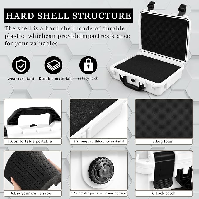 Relaxweex 1 Pcs Waterproof Hard Case with DIY Customizable Foam Insert Portable Protective Case with Knife for Camera Drones Equipments Tools Test Instruments(White,8.5 x 6.5 x 3.7 Inch)