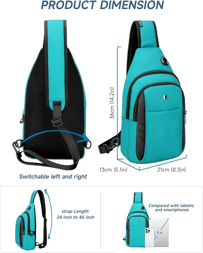 Anti-Theft Sling Bag for Women, Water Resistant Crossbody Backpack, Travel Hiking Chest Pack, Summer Travel Essentials for Beach, Theme Park & College, Fits 11 inch iPad & Switch 2, Turquoise