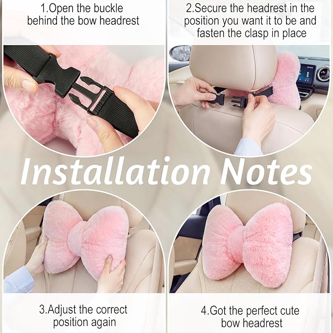 Macarrie 2 Pcs Car Neck Pillow Velvet Bow Headrest Pillow Soft Comfortable Seat Neck Support Cute Bow Car Accessories for Driving Travel Driver Chair Girl Style Interior Decor(Solid,Pink)