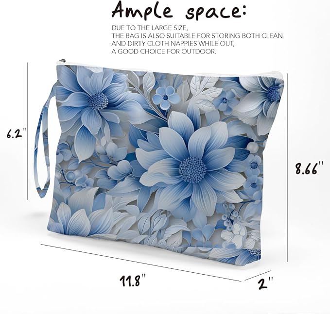 Fokongna Floral Print Wet Bag, Small Portable Waterproof Multi-Functional Organizer for Women, Ideal for Daily, Beach & Travel, Monochrome Blue Botany