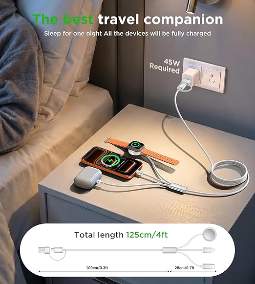 Travel Essentials for Apple Watch Charger,iPhone Charger,3 in 2 Type C/Lightning/Magnetic Travel Charging Cable,Portable Multi Charging Cable for Apple Watch, iPhone 17‑11,Samsung S26,Car,Camera–4ft