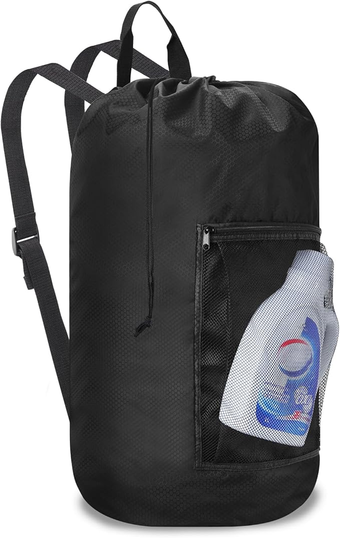 Laundry Bag Backpack Durable Laundry Bag with Shoulder Straps and Mesh Pockets Portable Laundry Hamper Dirty Clothes Bag for College, Travel, Laundromat, Apartment (Black)
