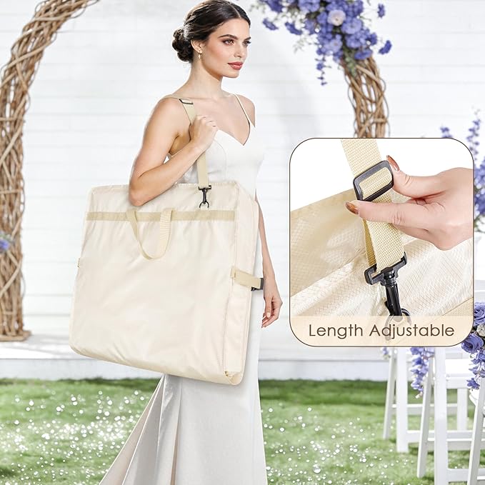 KEEGH 72" Wedding Dress Garment Bag - Tri-Fold Design Bridal Dress Bag with Shoulder Strap & Handle, Heavy-Duty Checkered Oxford Fabric for Long Wedding Gowns & Formal Gown Storage, Beige