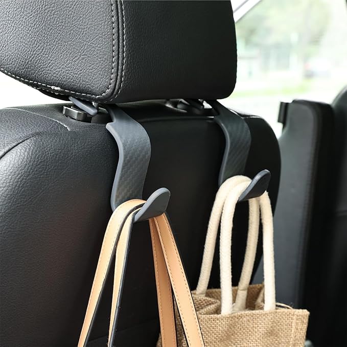 4PCS Car Seat Headrest Hooks, Auto Back Seat Hanger Holder, Durable Stylish Vehicle Organizer Universal Car Interior Accessories, Storage Hooks for Purses, Bags, Clothes (Carbon Fiber/Grey)