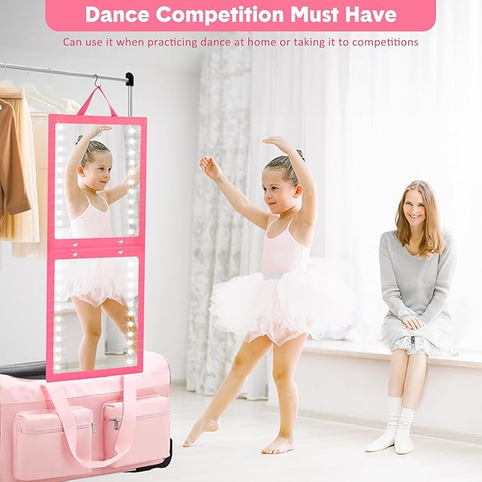 Fabuday Lighted Hanging Mirror for Dance Backstage - Rechargeable Folding LED Full Length Mirror with Lights for Dancers, Portable Foldable Travel Body Mirrors, Brightness Adjustable, Berry