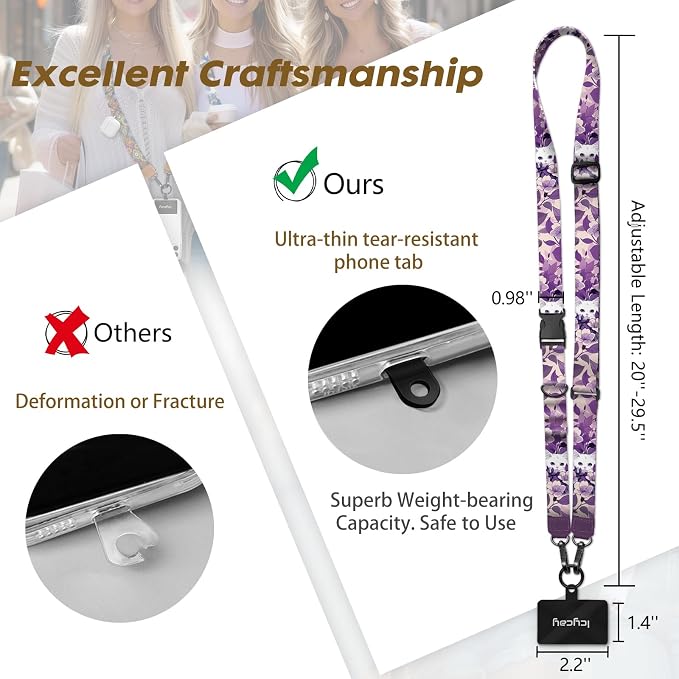 Icycay Phone Lanyard Crossbody, White Cat Cell Phone Strap for Around The Neck Adjustable, Purple Anti Theft Cute Lanyard for ID Holder Key Accessories Travel Essential