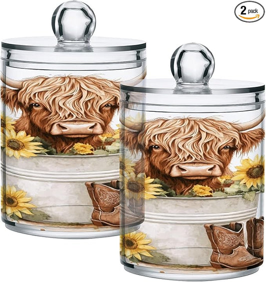 2 Pack Qtip Holder Organizer Dispenser Watercolor Sunflower Highland Cow Bathroom Storage Canister Cotton Ball Holder Container for Cotton Pads/Swabs/Floss