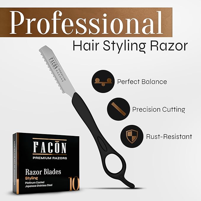 Facón Hair Razors for Cutting Hair - Professional Styling Razor Kit with 11 Replacement Blades, Stainless Steel Hairs Cutting Tool for Salon & Home, Premium Cutting Thinning Texturizing Faether Razor